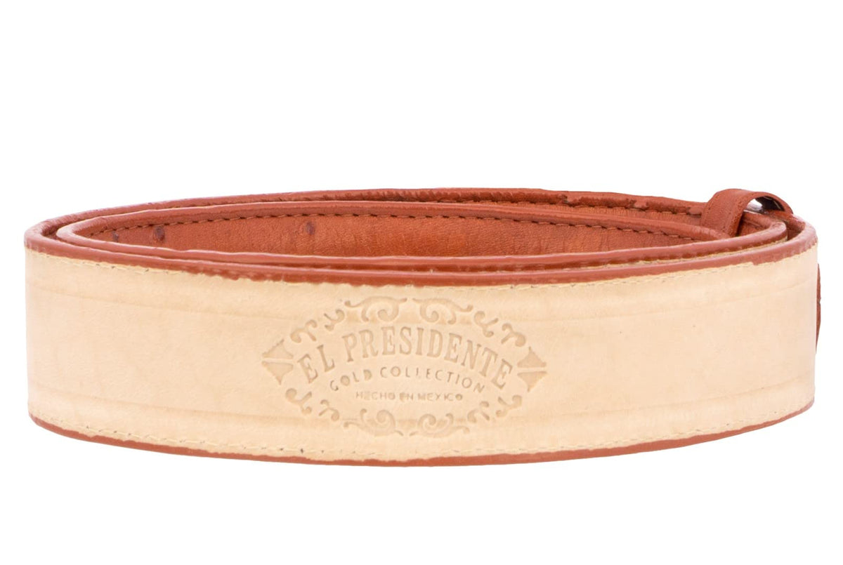 Mens Cognac Ostrich Quill Print Leather Western Cowboy Belt Q658294