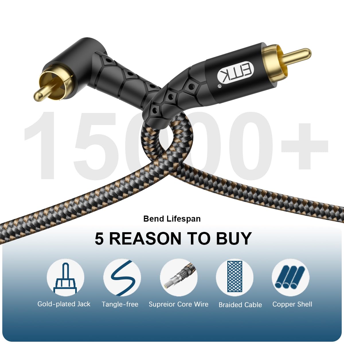 90 Degree RCA Subwoofer Cable 24K Gold-Plated Nylon Braided Double Shielded Black 10ft D966548