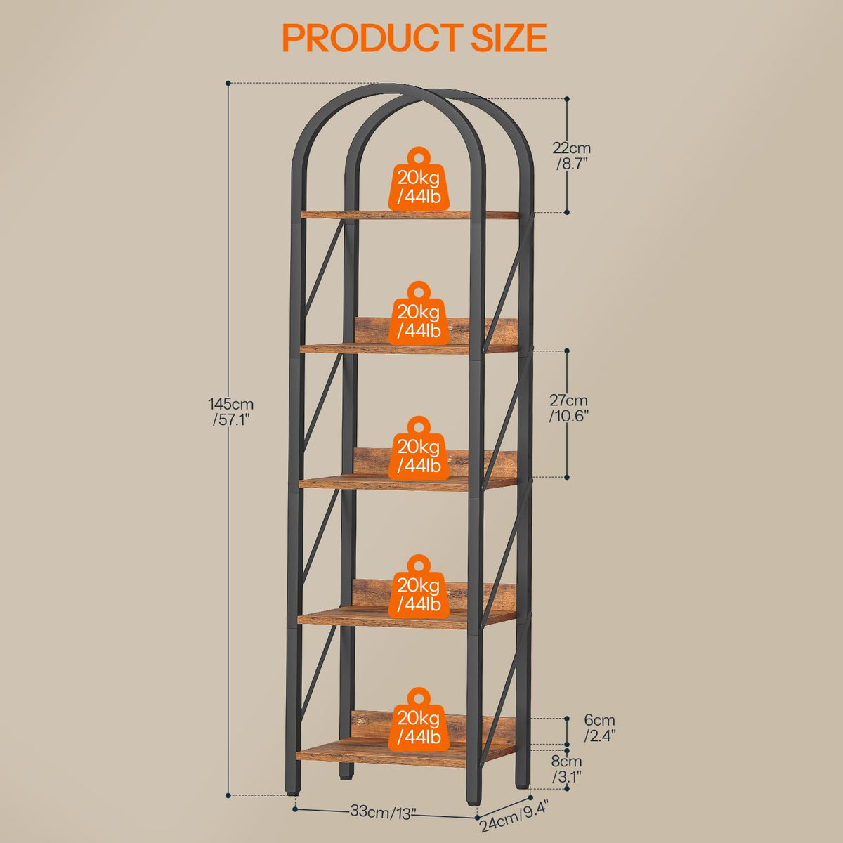 5-Tier Arched Bookshelf with Metal Frame W8642