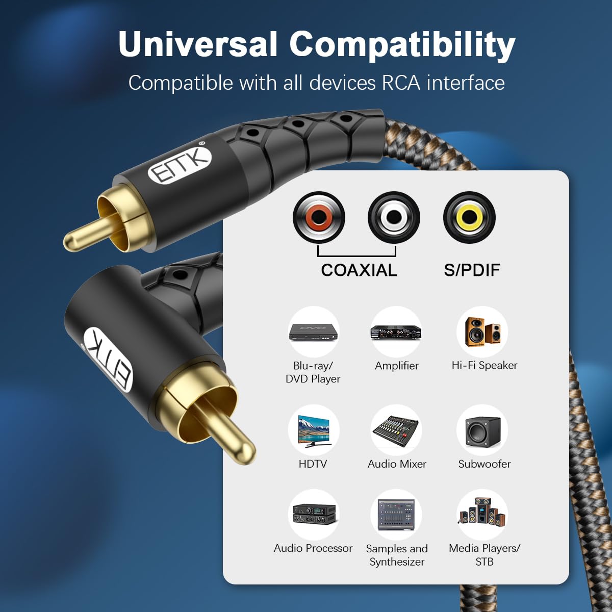 90 Degree RCA Subwoofer Cable 24K Gold-Plated Nylon Braided Double Shielded Black 10ft D966548