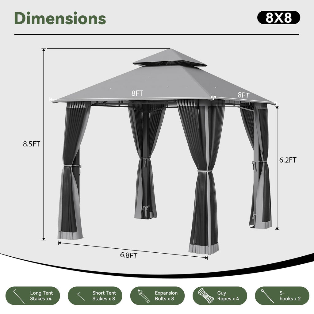 8'x8' Gray Gazebo with Double Roof & Mosquito Netting G2364