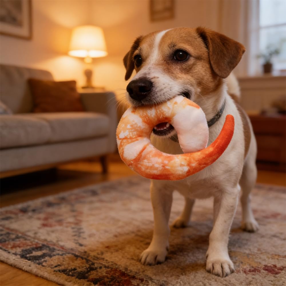 Shrimp Shape Squeaky Plush Dog Toy T9089