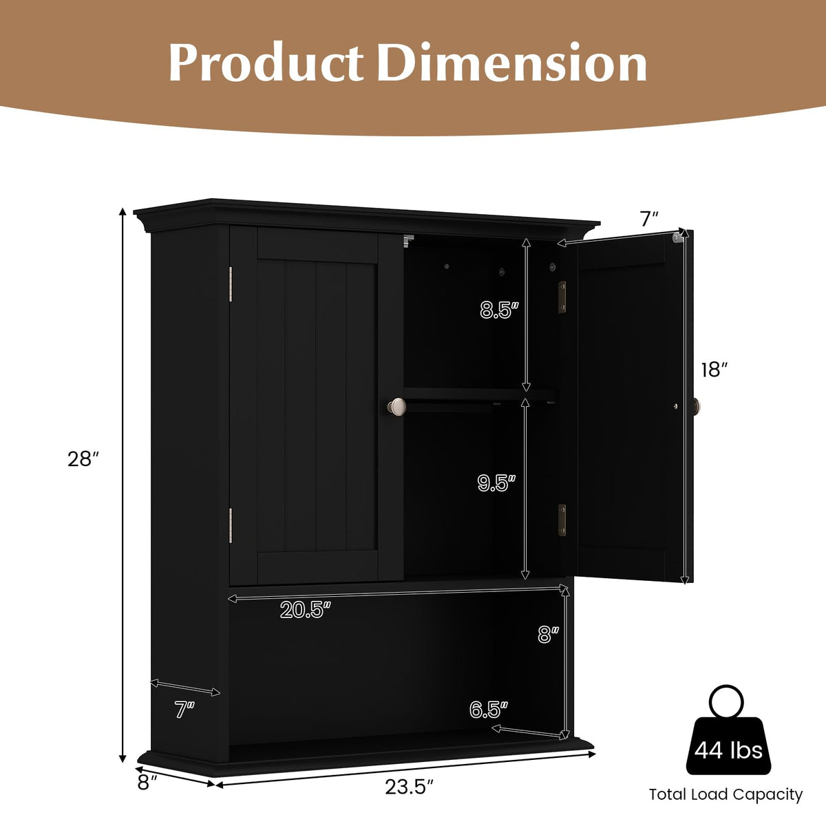 Black Wooden Bathroom Wall Cabinet with 2 Doors V931371