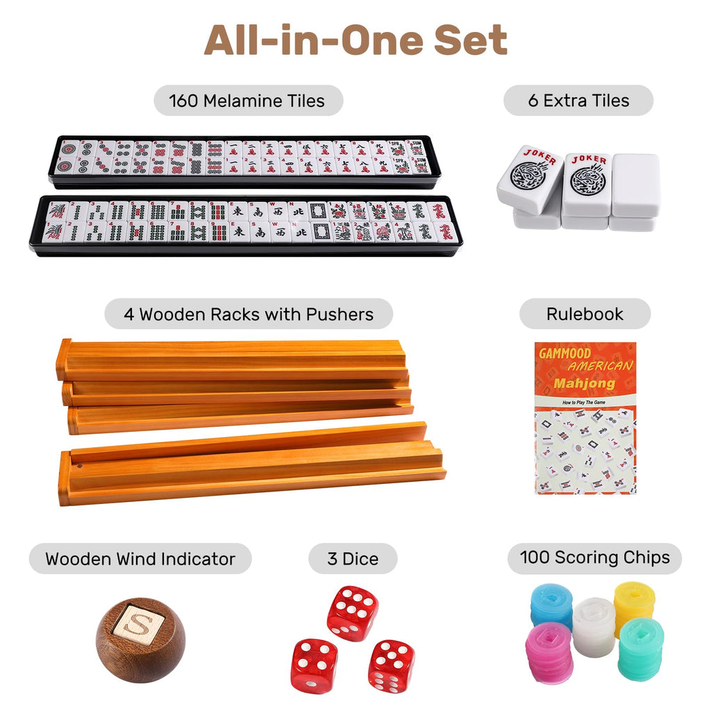 166 White Tiles Mahjong Game Set with Wooden Racks and Carrying Bag C4630