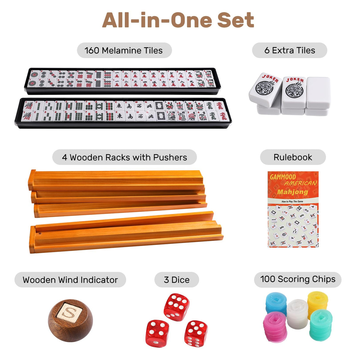 166 White Tiles Mahjong Game Set with Wooden Racks and Carrying Bag C4630