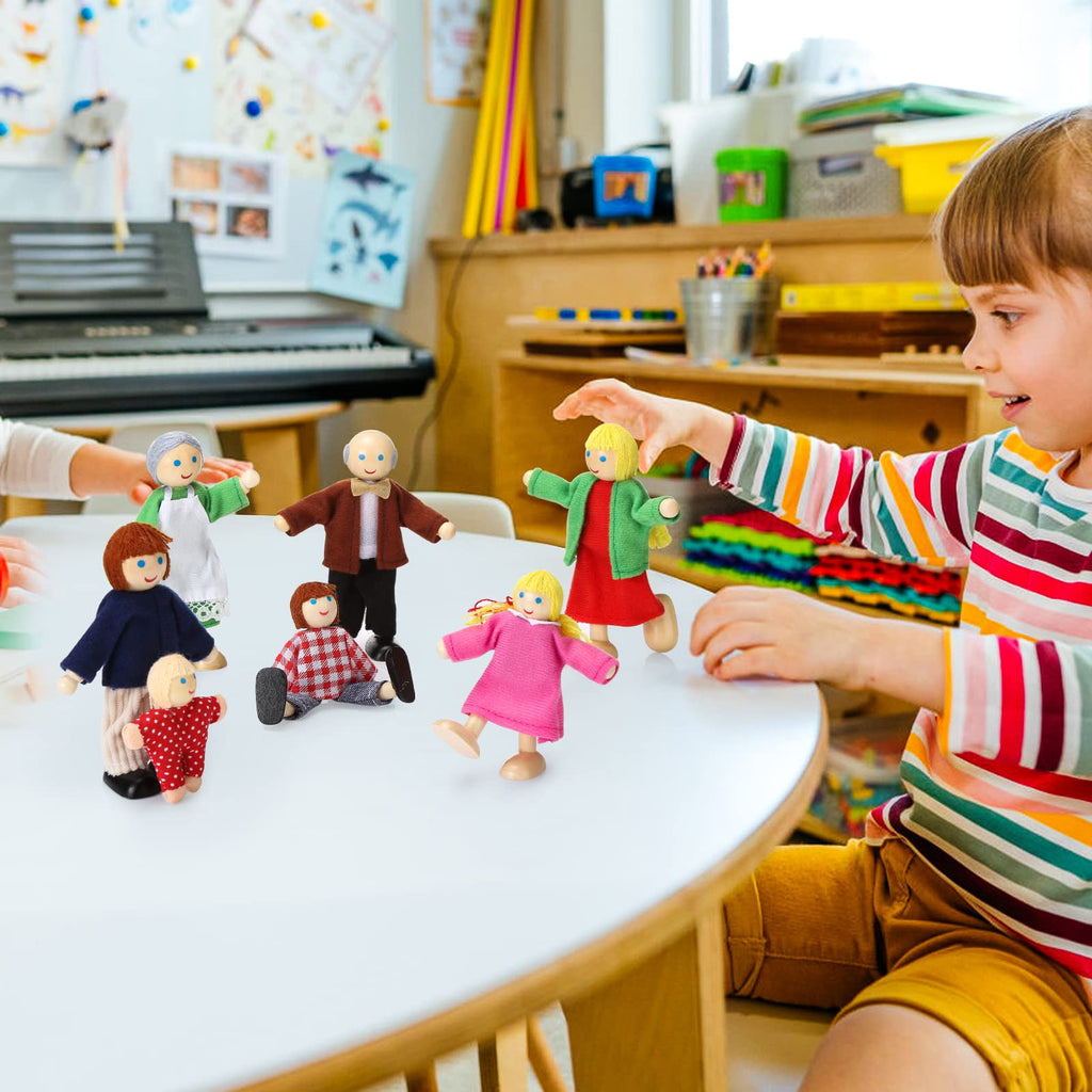 Wooden Dollhouse People Set of 7 Mini Dolls P4317
