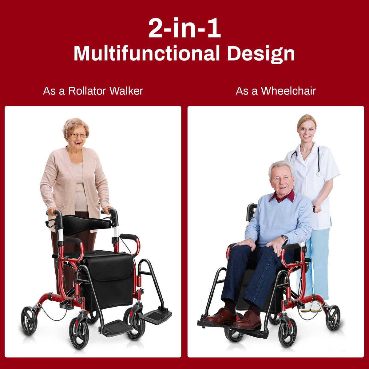 2 in 1 Folding Rollator Walker with Seat and 8" Wheels I3484