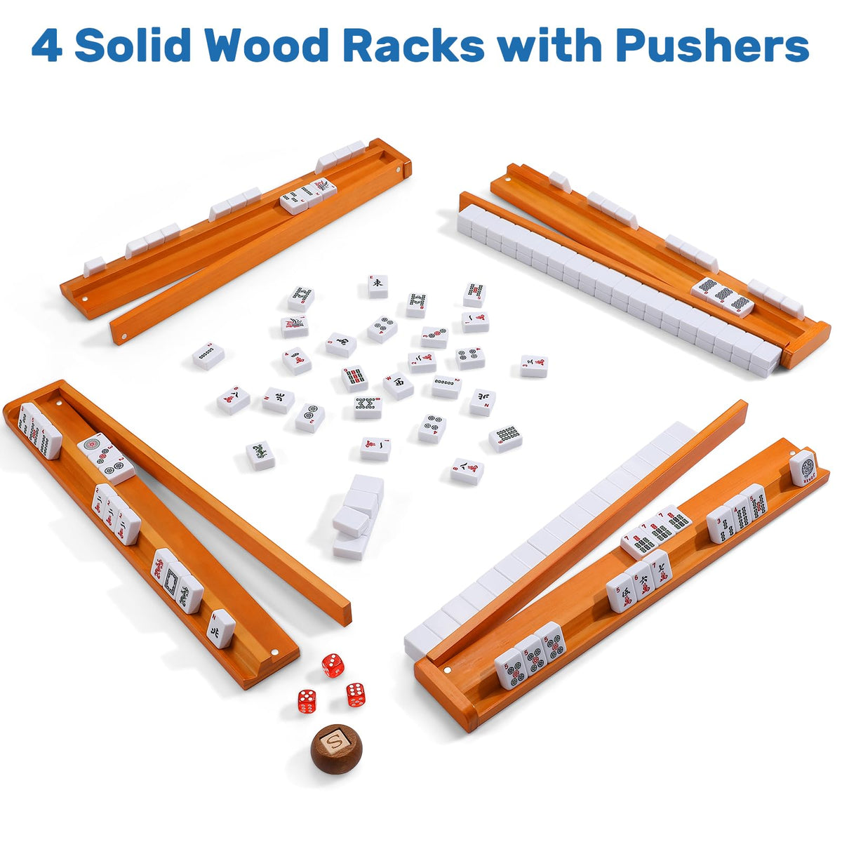 166 White Tiles Mahjong Game Set with Wooden Racks and Carrying Bag C4630