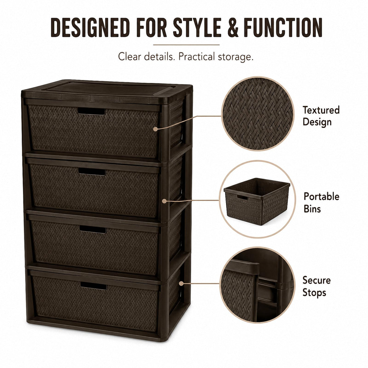 Brown 4-Drawer Plastic Storage Tower X99331