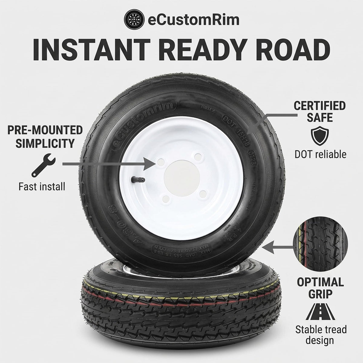2-Pack Trailer Tire Rim Assembly 480-8 4.80-8 8 Inch LRC 4 Lug K676