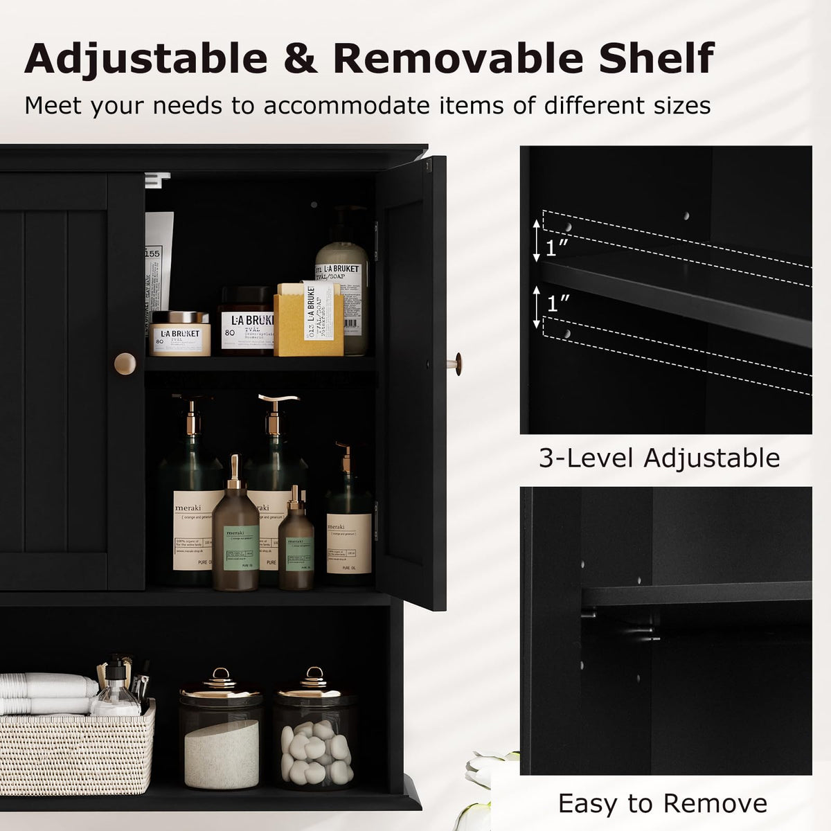 Black Wooden Bathroom Wall Cabinet with 2 Doors V931371