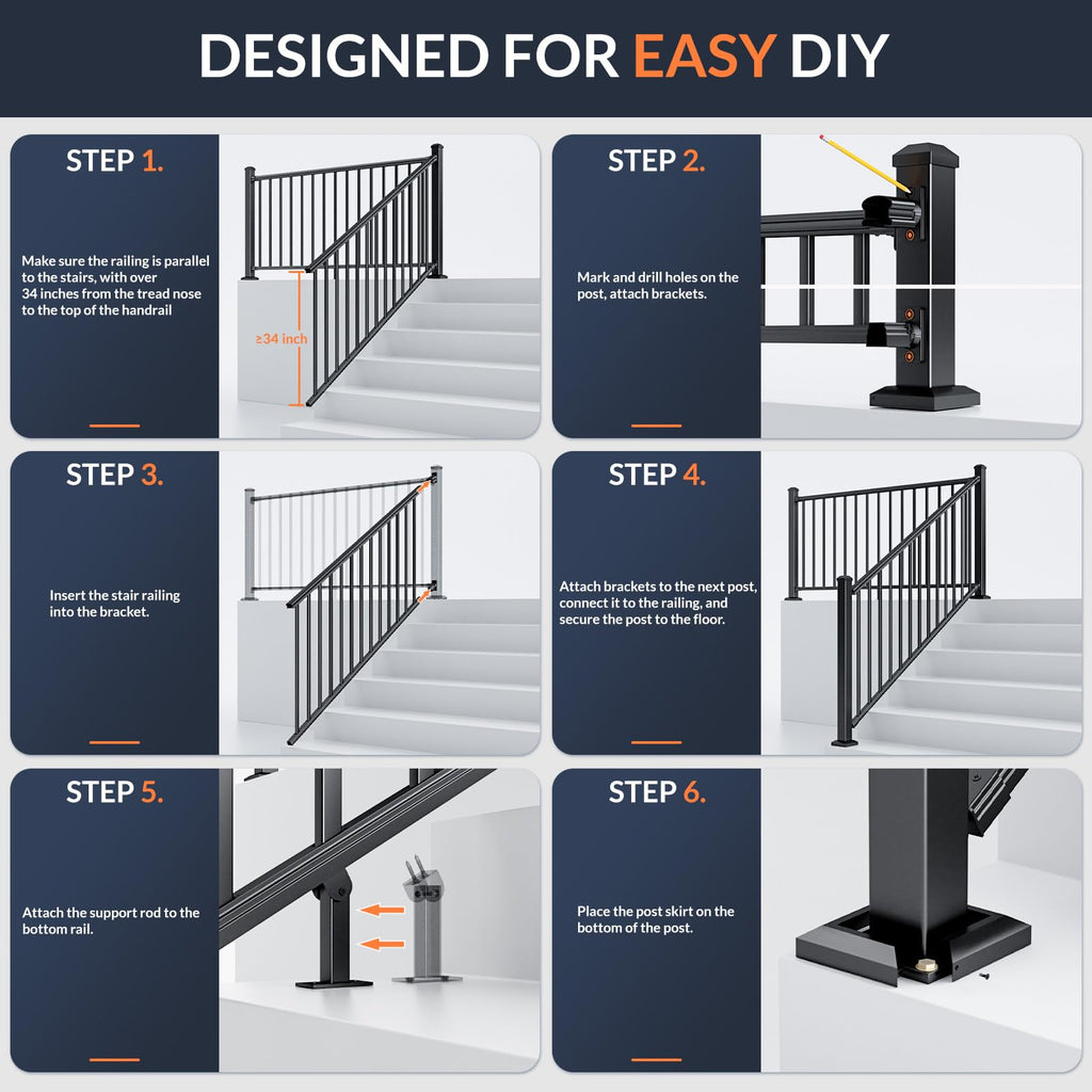 1 Pack 36 in x 6 ft Black Aluminum Stair Railing Kit V606665