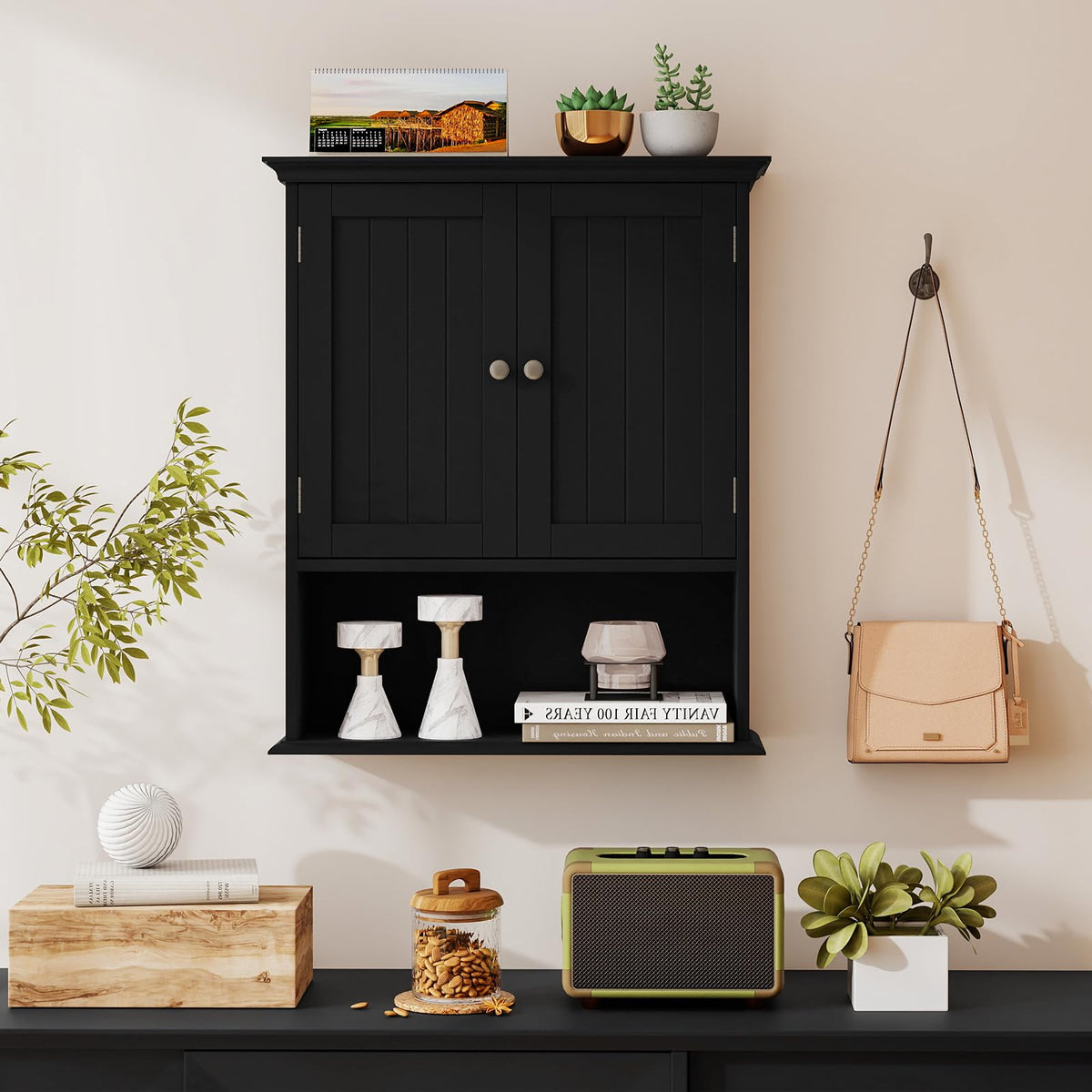 Black Wooden Bathroom Wall Cabinet with 2 Doors V931371