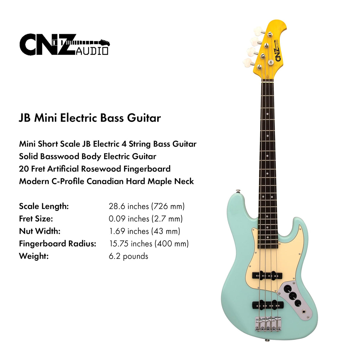 Black Mini Electric Bass Guitar with Maple Neck, Rosewood Fingerboard & White Pickguard J460