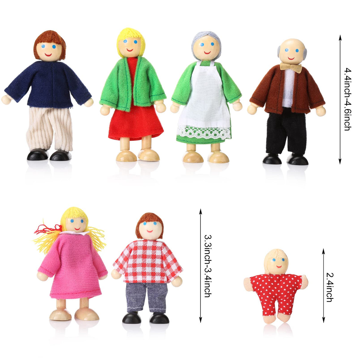 Wooden Dollhouse People Set of 7 Mini Dolls P4317