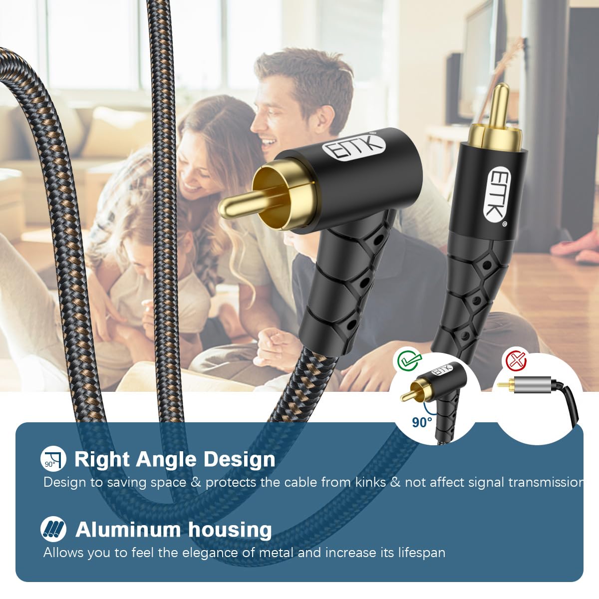 90 Degree RCA Subwoofer Cable 24K Gold-Plated Nylon Braided Double Shielded Black 10ft D966548