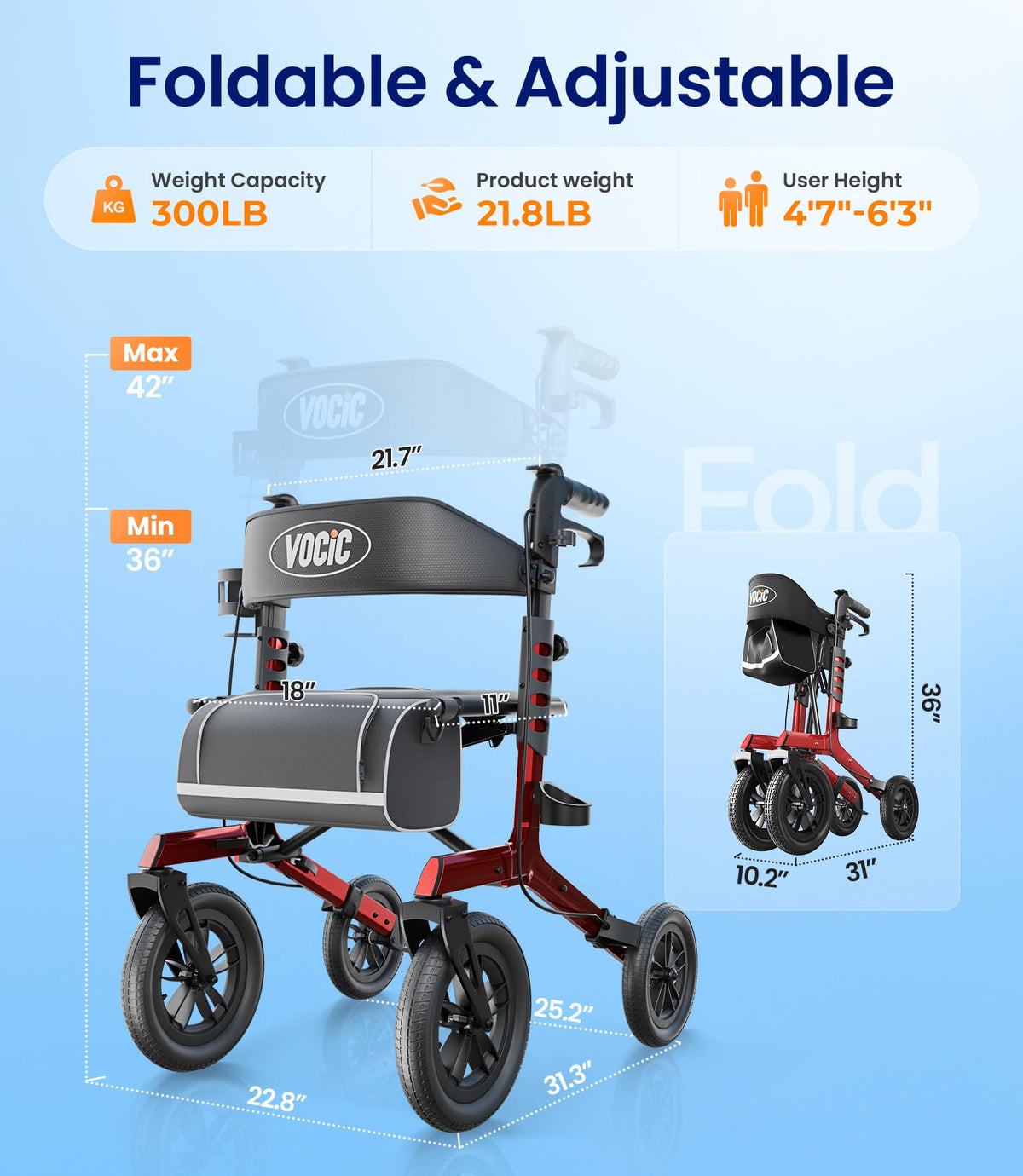 Walkers for Seniors with Seat Outdoor Rollator 12'' All Terrain Y874