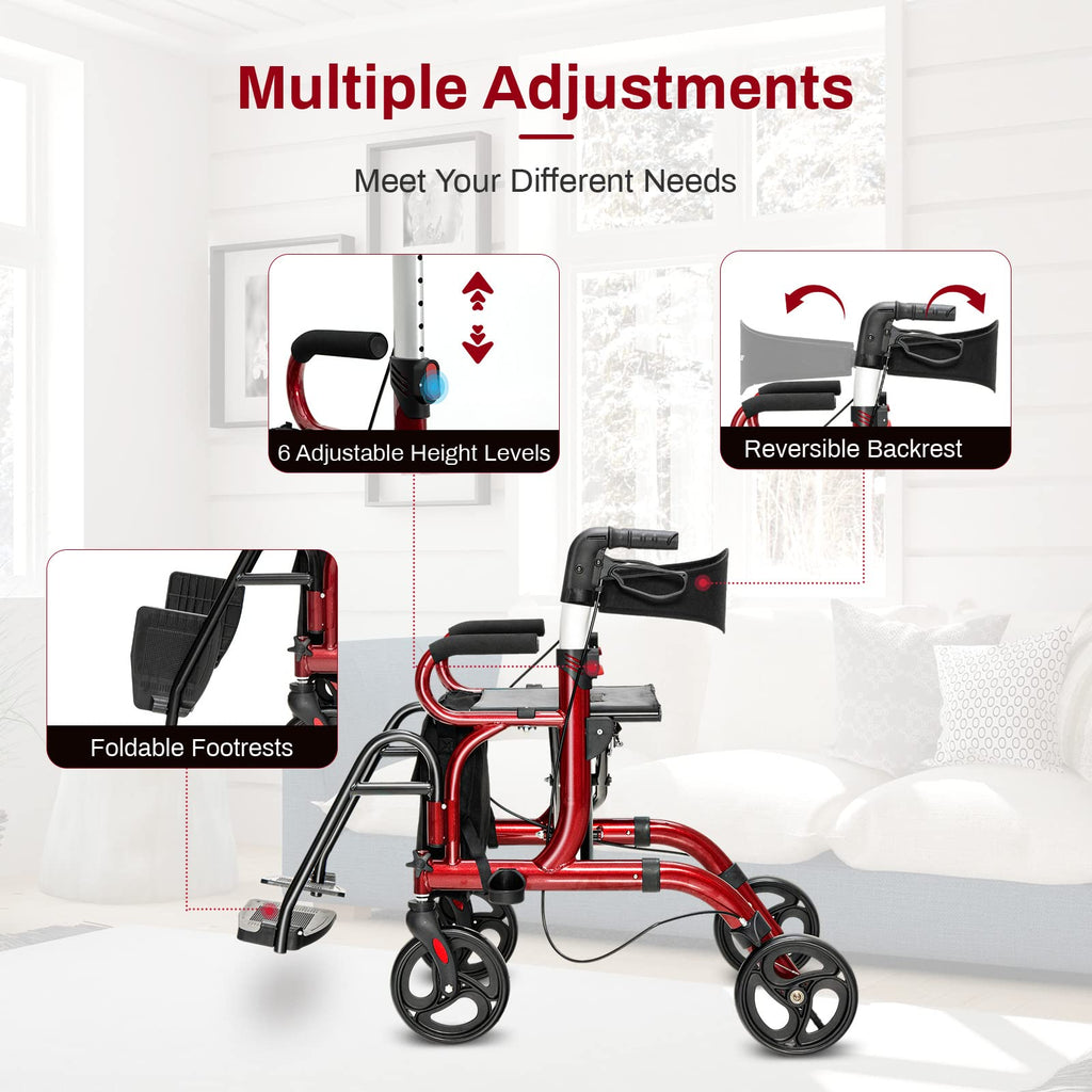 2 in 1 Folding Rollator Walker with Seat and 8" Wheels I3484