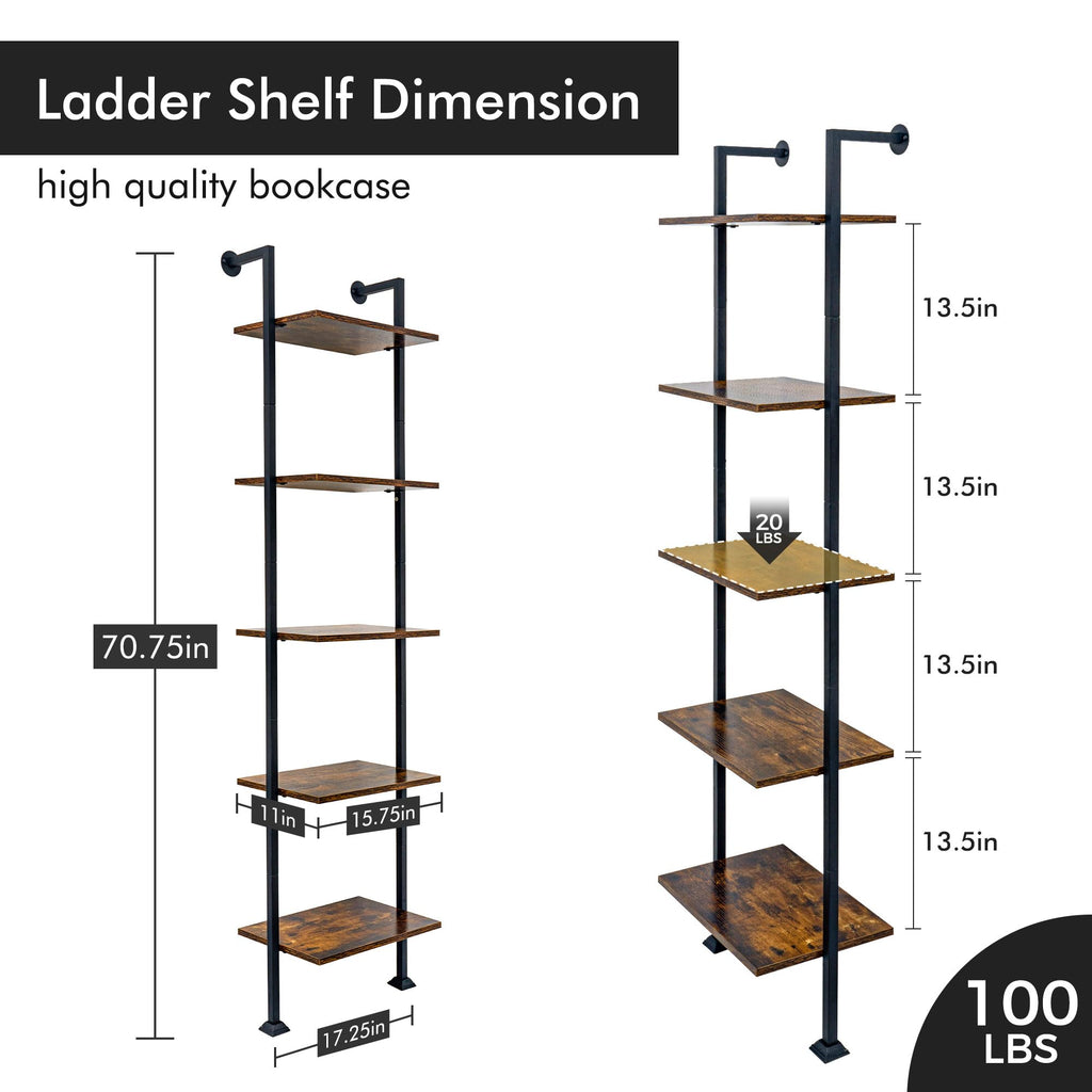 5-Tier Ladder Shelf Black Metal Frame Rustic Brown S91817