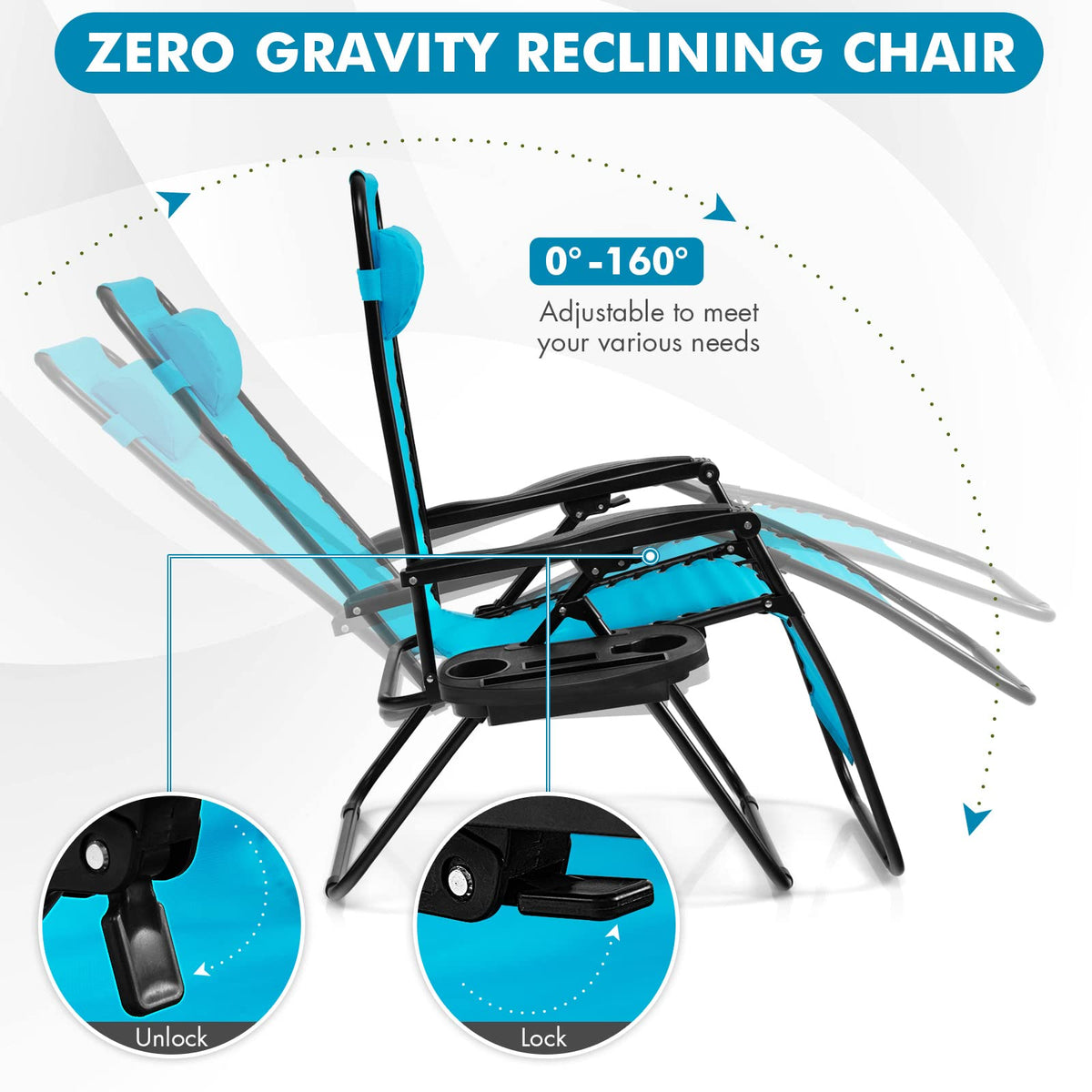 2 PCS Blue Zero Gravity Chair with Cup Holder A1638