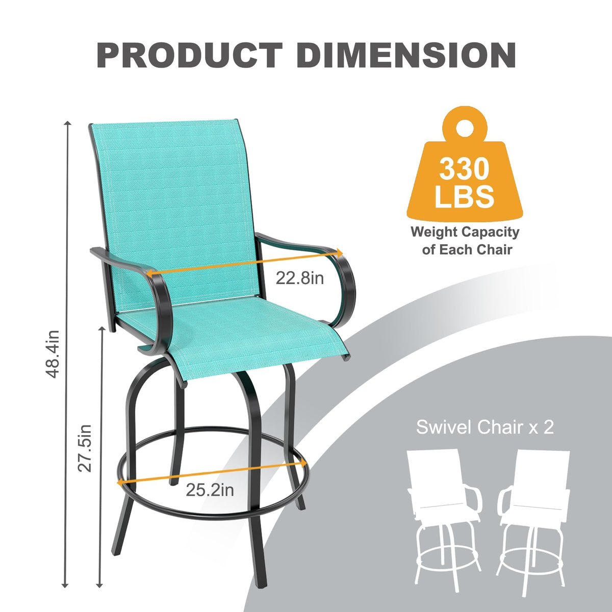2 Piece Teal Outdoor Swivel Bar Stools with High Back & Armrest Q4321