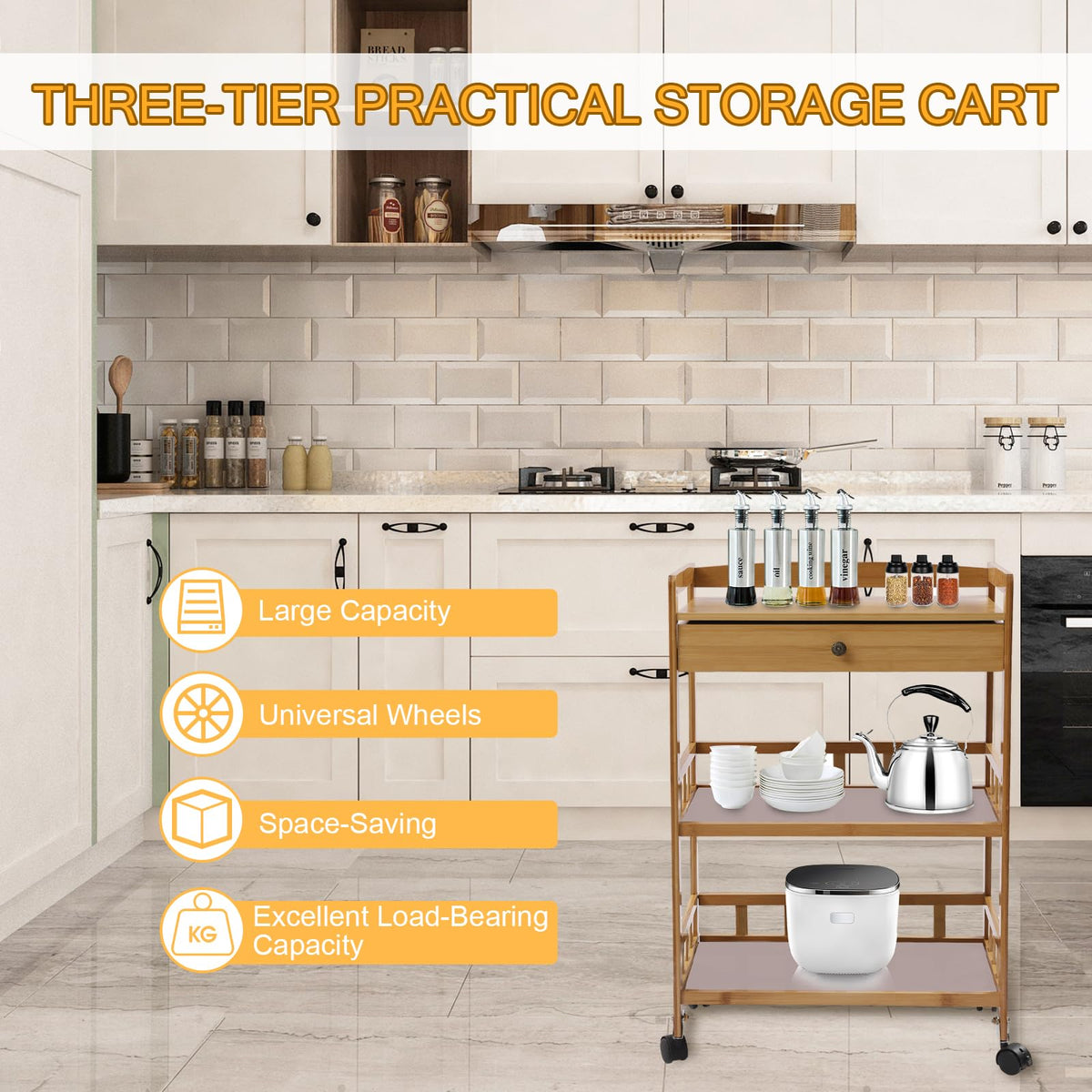 3-Tier Bamboo Kitchen Cart with Drawer M1688