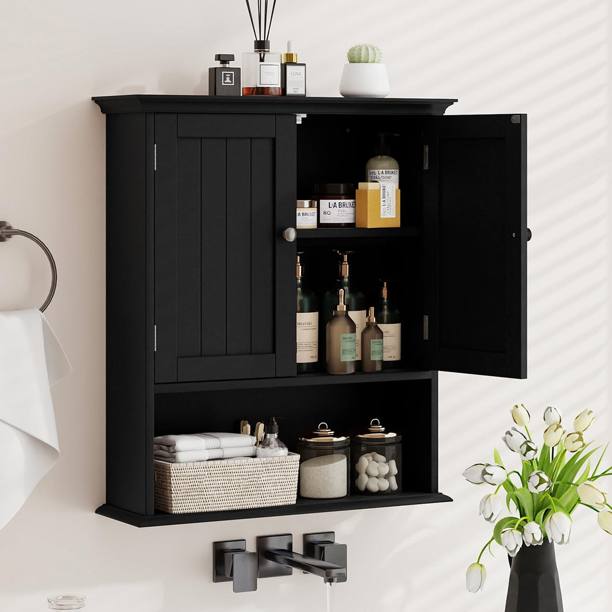 Black Wooden Bathroom Wall Cabinet with 2 Doors V931371