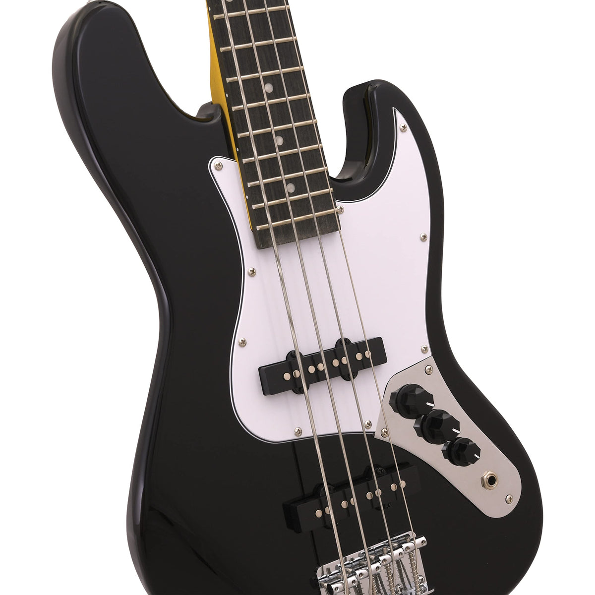 Black Mini Electric Bass Guitar with Maple Neck, Rosewood Fingerboard & White Pickguard J460