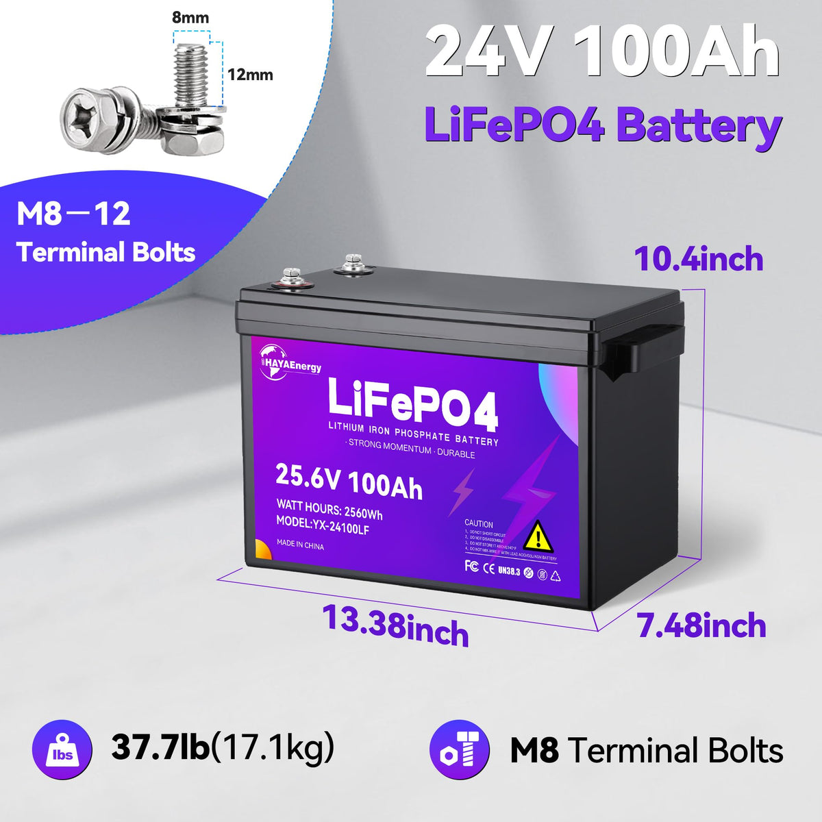 24v 100ah LiFePO4 Lithium Battery with 100A BMS B902