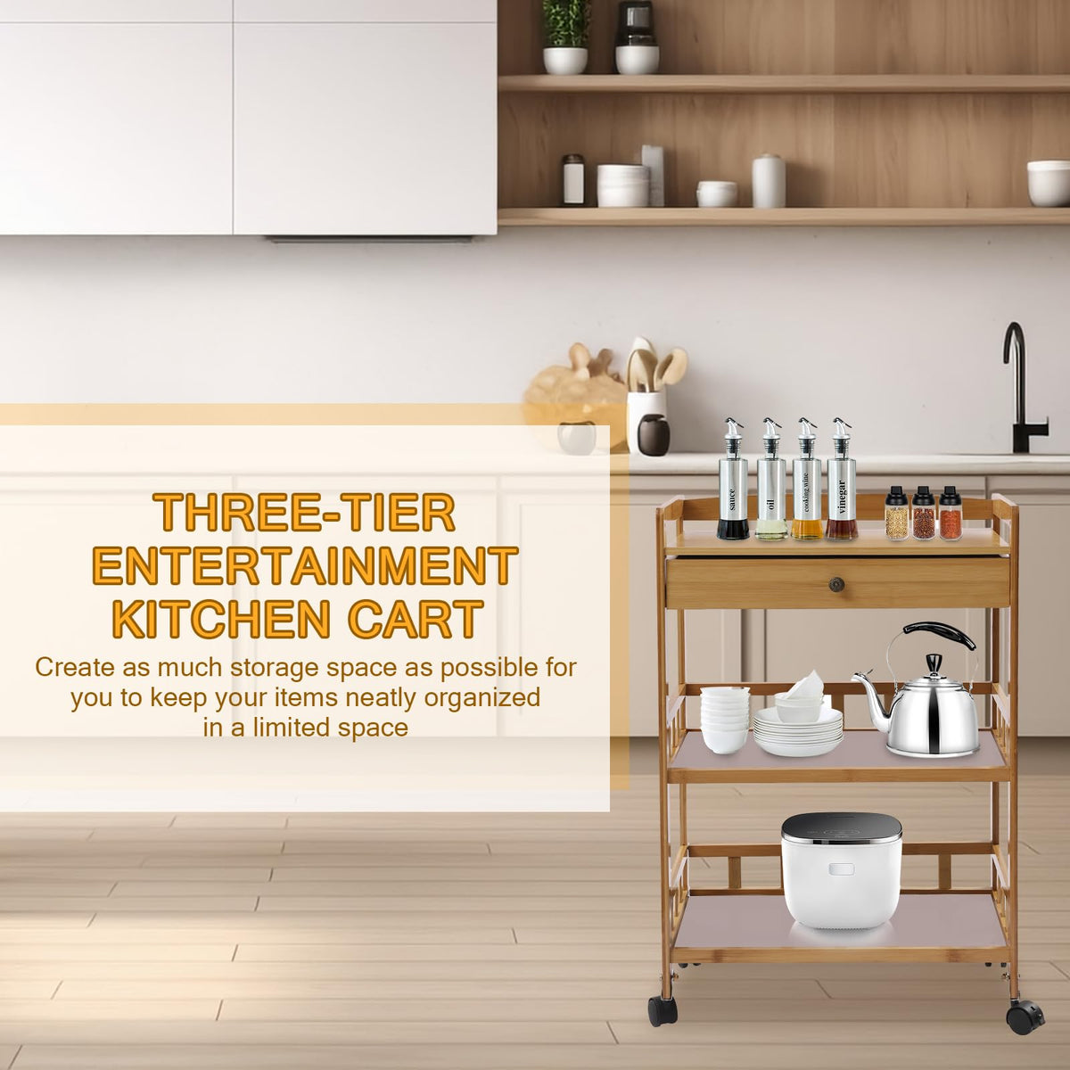 3-Tier Bamboo Kitchen Cart with Drawer M1688