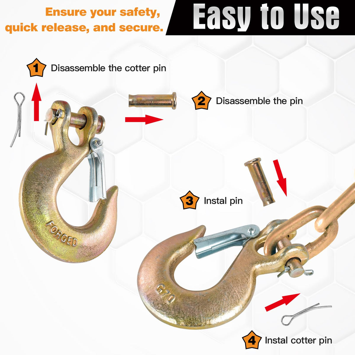 2 Pack 3/8" G70 Clevis Slip Hooks with Safety Latch P5167
