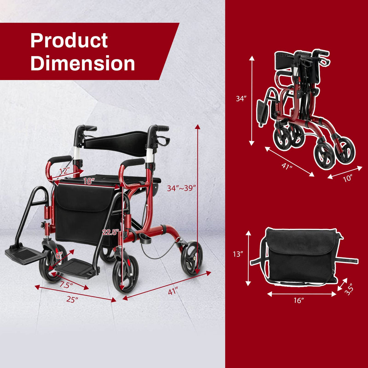 2 in 1 Folding Rollator Walker with Seat and 8" Wheels I3484