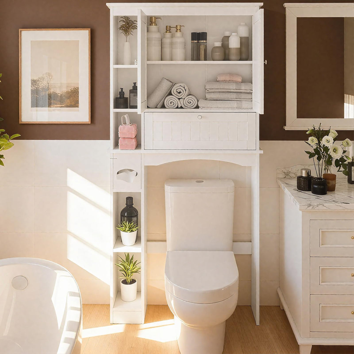 Over The Toilet Storage Cabinet with Doors and Adjustable Shelf, White B34550