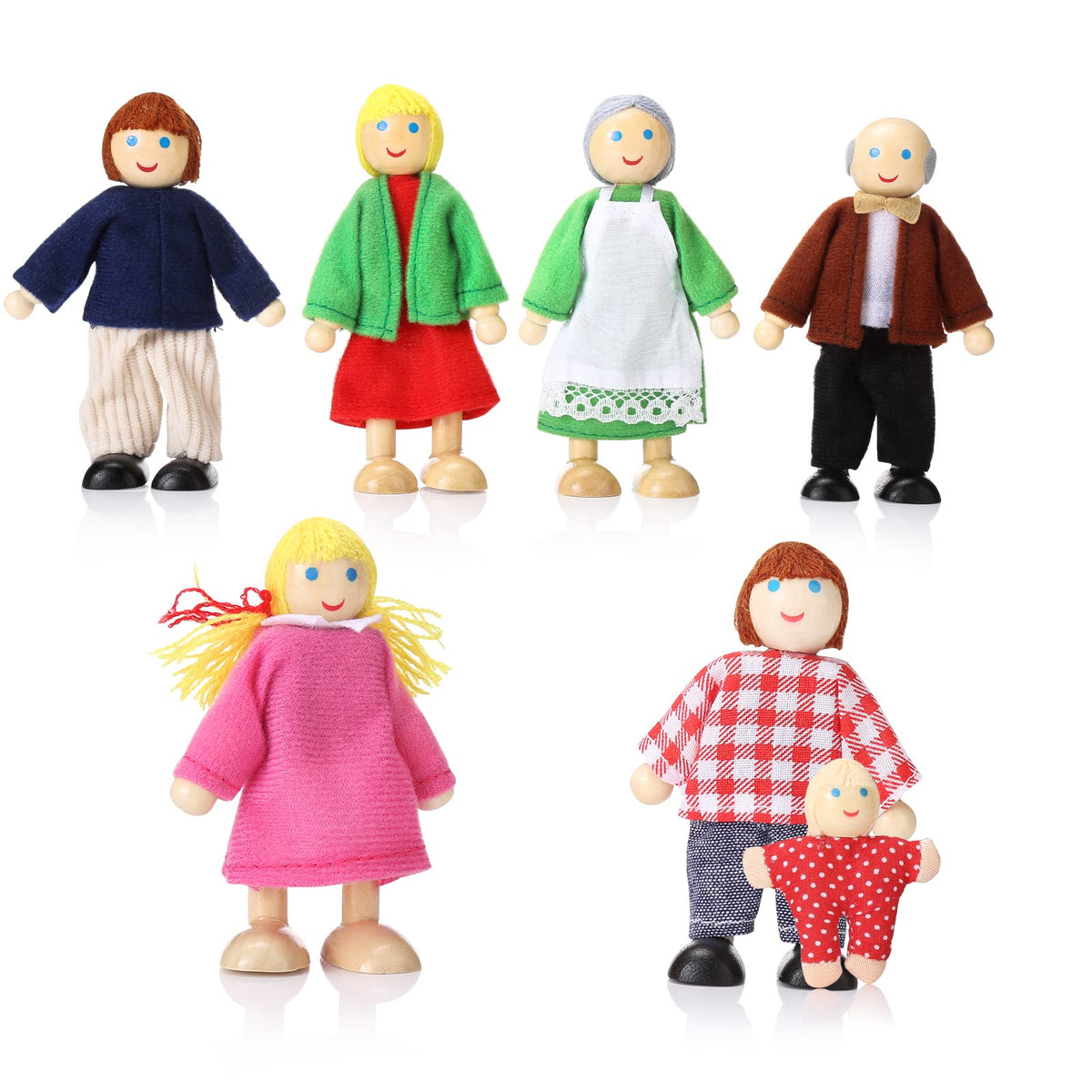 Wooden Dollhouse People Set of 7 Mini Dolls P4317