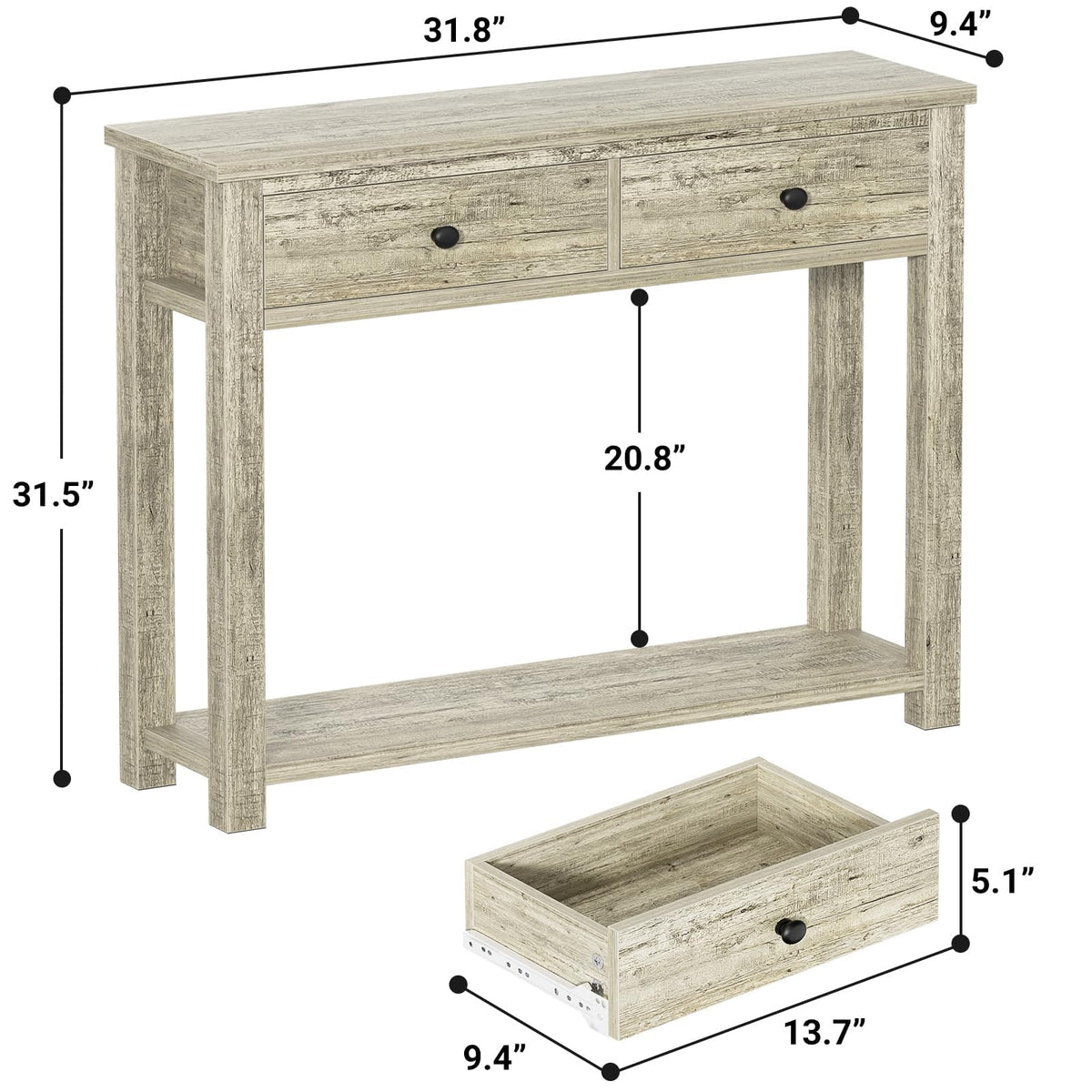32 Inch Light Rustic Oak Console Table with 2 Drawers Q8828