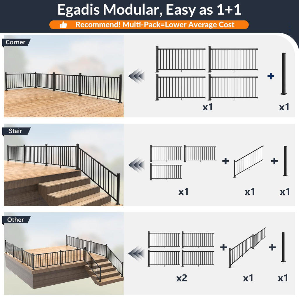 1 Pack 36 in x 6 ft Black Aluminum Stair Railing Kit V606665