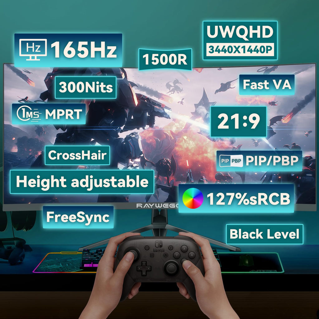 34 Inch Curved Ultrawide Gaming Monitor, UWQHD 165Hz, 1500R Y535