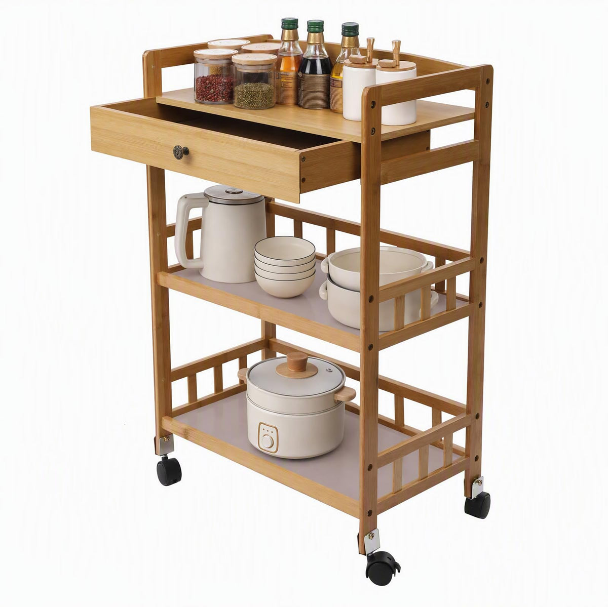 3-Tier Bamboo Kitchen Cart with Drawer M1688