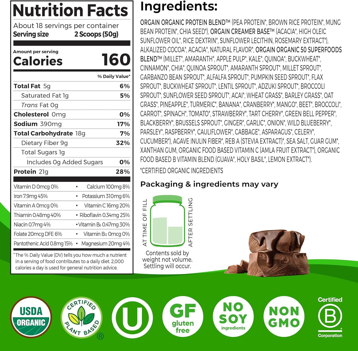 Organic Vegan Protein + 50 Superfoods Powder, 21g Plant Based Protein, 2.02 lb Y3759