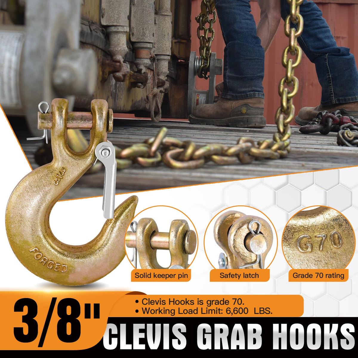 2 Pack 3/8" G70 Clevis Slip Hooks with Safety Latch P5167
