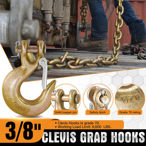 2 Pack 3/8" G70 Clevis Slip Hooks with Safety Latch P5167