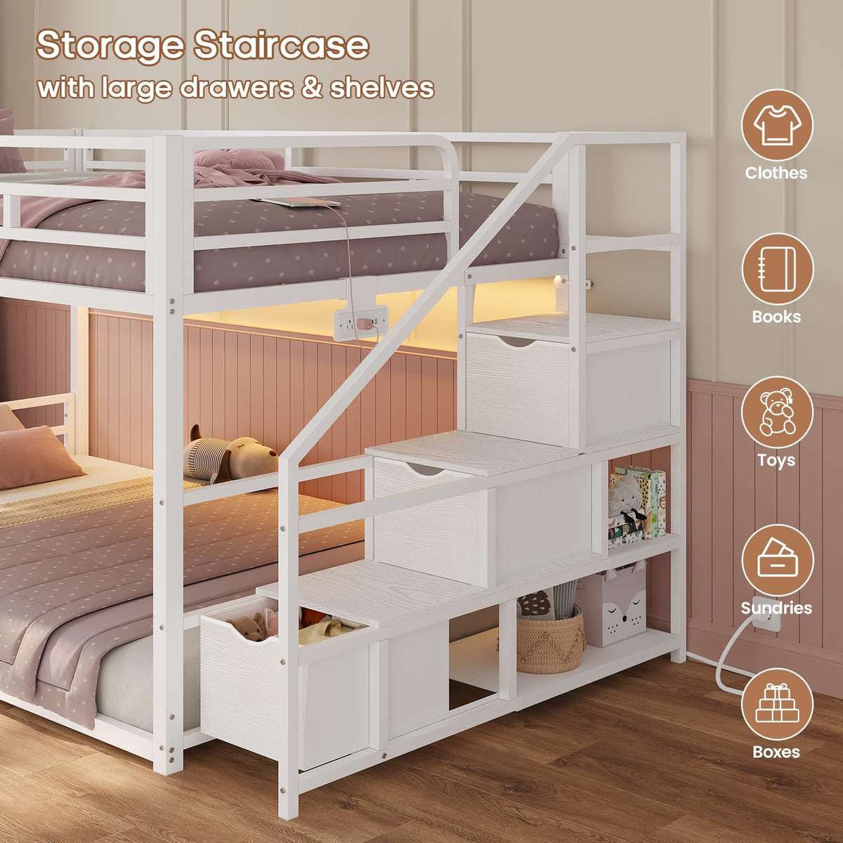Low Bunk Bed Twin Over Twin with Storage Stairs N398738