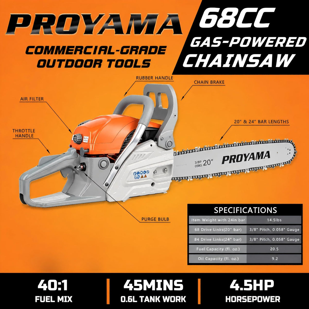 68CC Gas Powered Chainsaw D699366