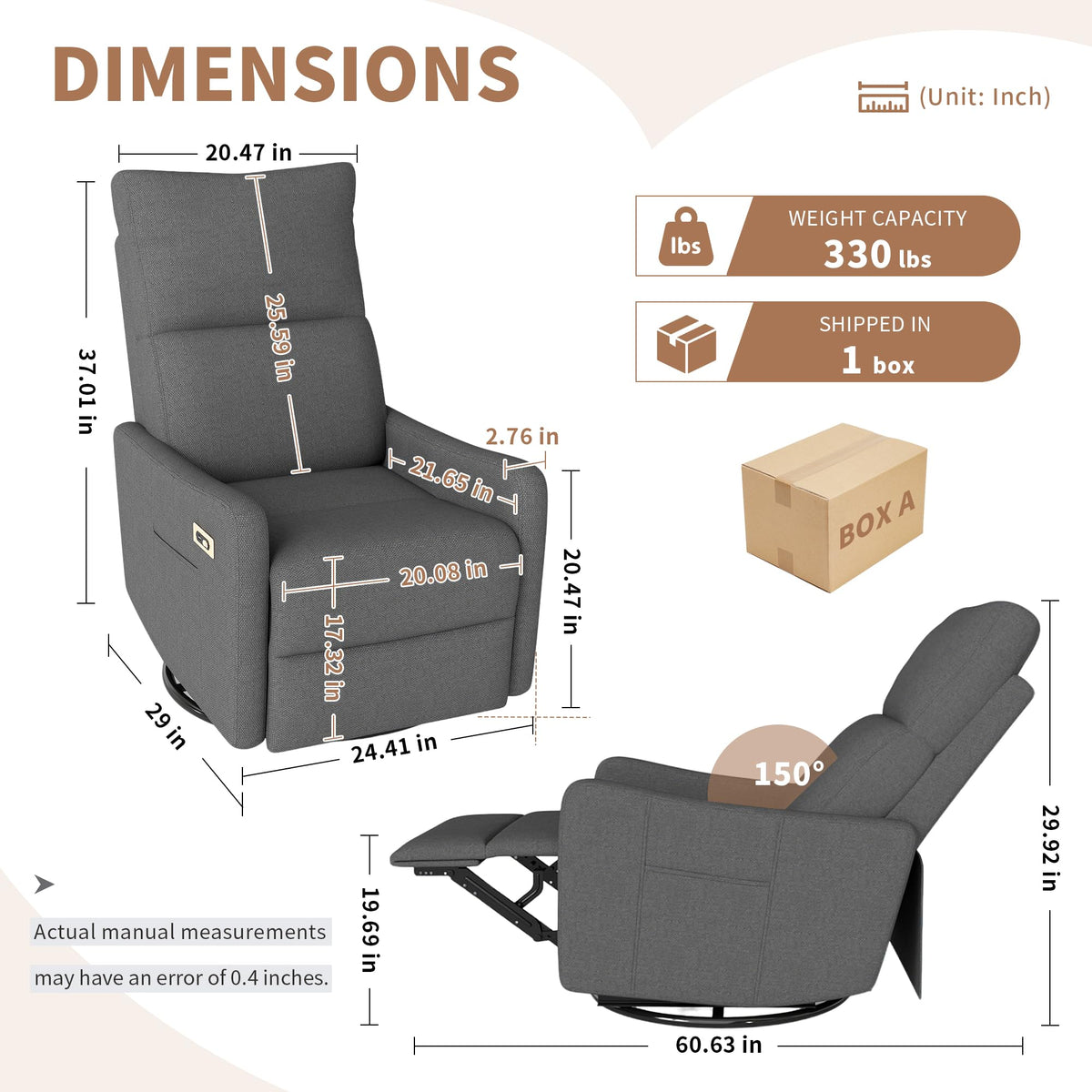 Dark Gray Velvet Swivel Recliner Chair J842373