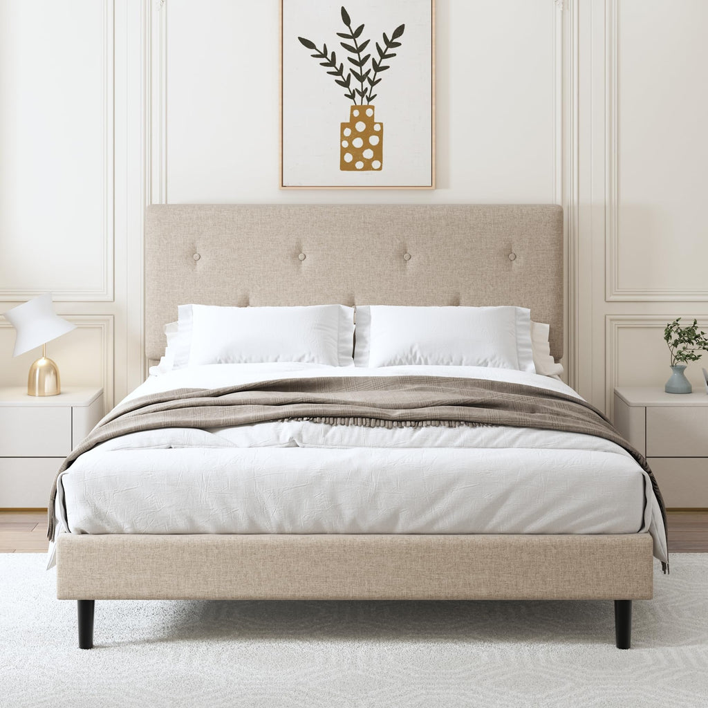 Queen Size Beige Linen Bed Frame with Adjustable Headboard M262788
