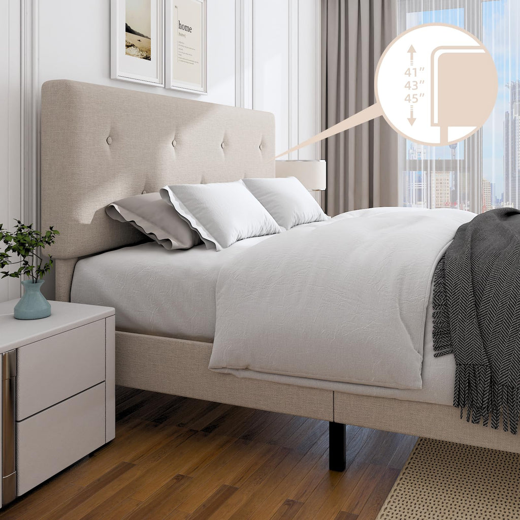 Queen Size Beige Linen Bed Frame with Adjustable Headboard M262788