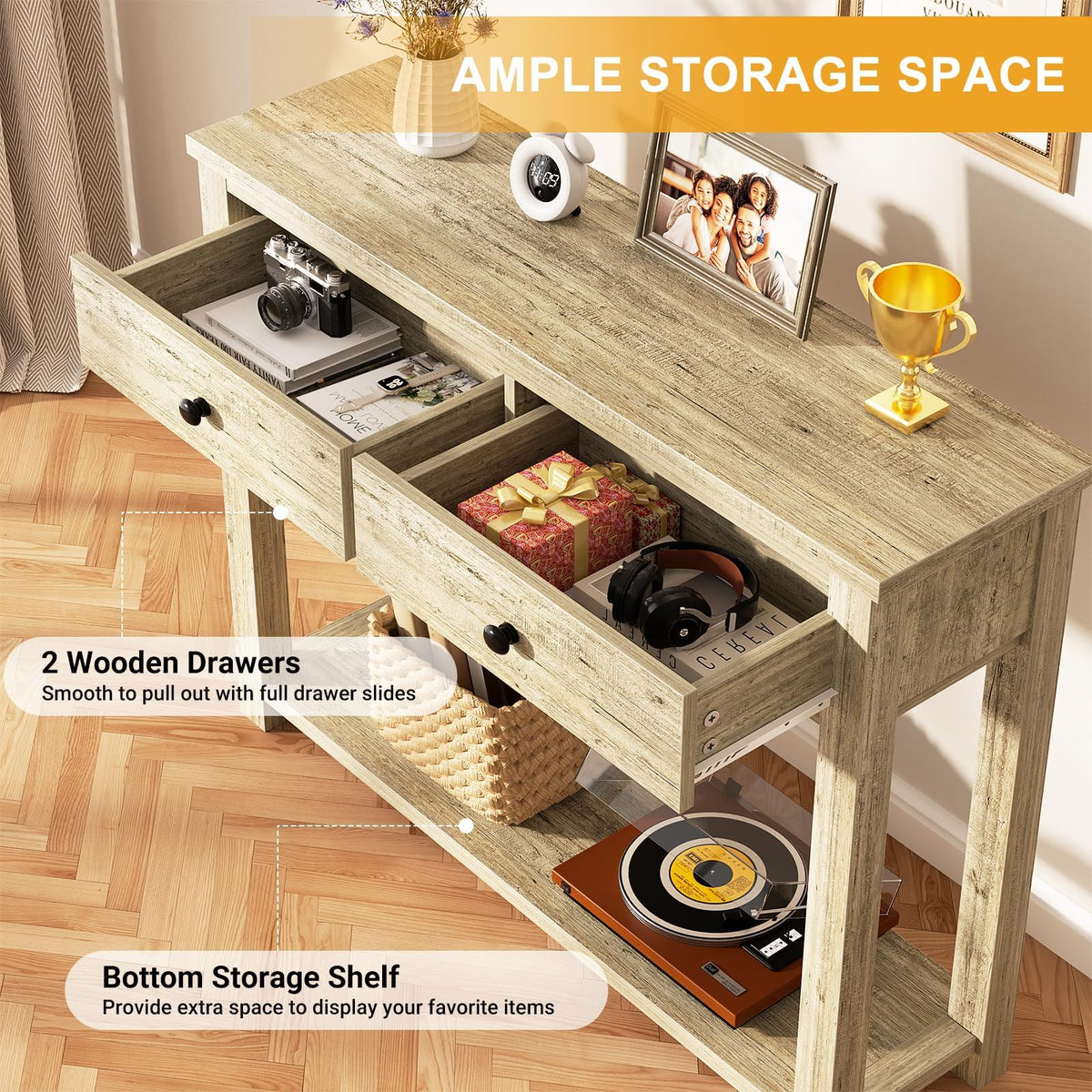 32 Inch Light Rustic Oak Console Table with 2 Drawers Q8828