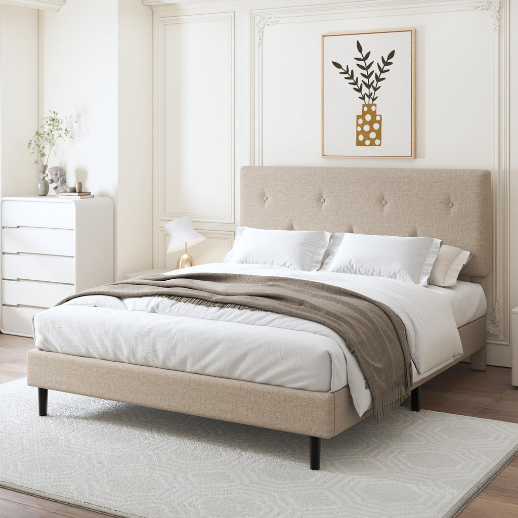 Queen Size Beige Linen Bed Frame with Adjustable Headboard M262788