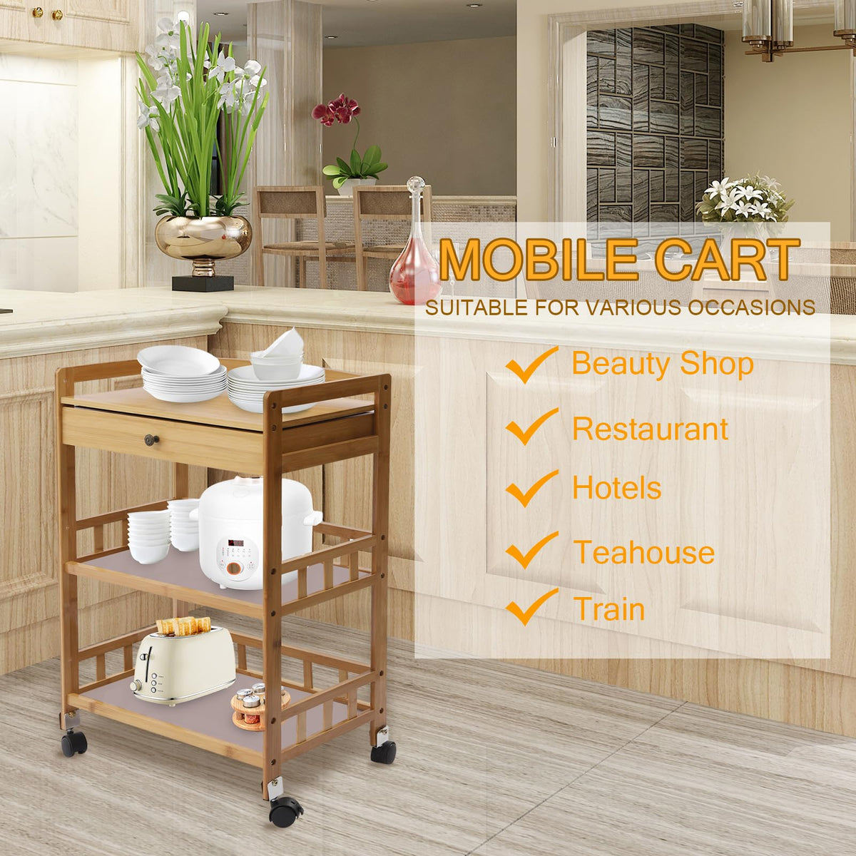 3-Tier Bamboo Kitchen Cart with Drawer M1688