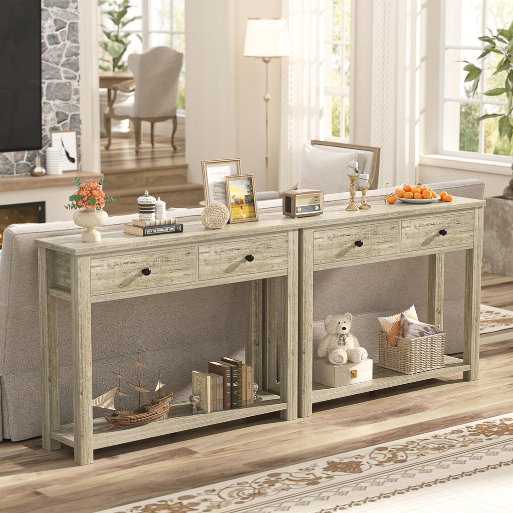 32 Inch Light Rustic Oak Console Table with 2 Drawers Q8828